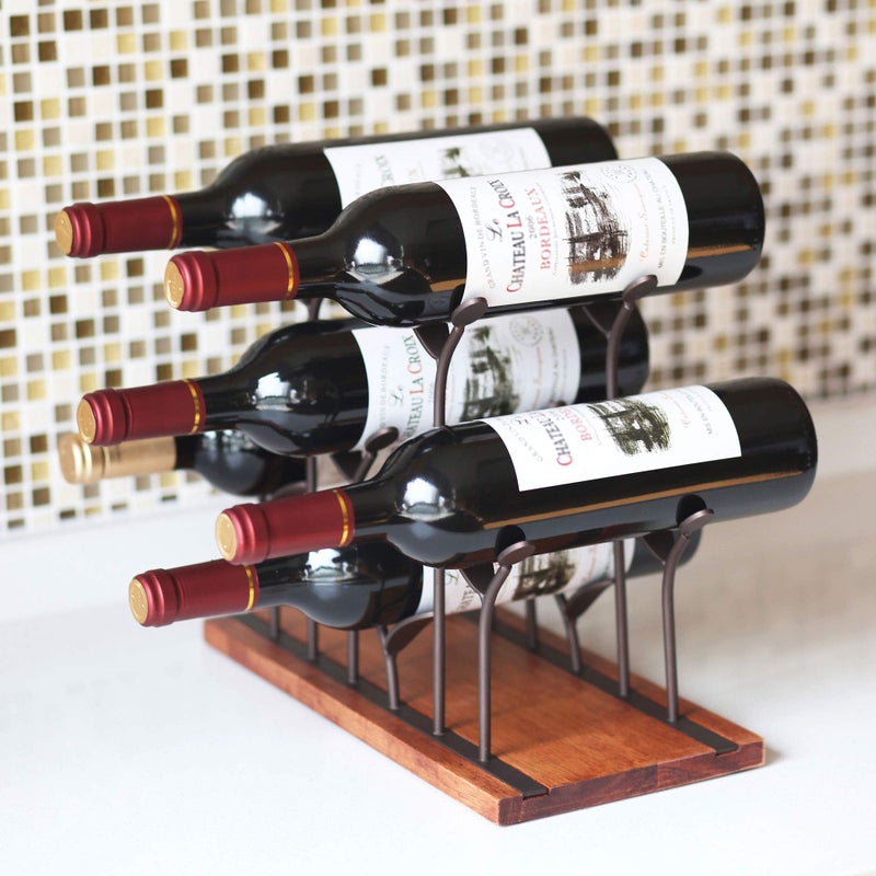 ALLCENER Countertop Bottle Rack, Tabletop Wood Bottle Holder, Hold 6 Bottles, Perfect for Home Decor & Kitchen Storage Rack, Bar, Cellar, Cabinet, Pantry, etc, Wood & Metal (Bronze) - Image 5